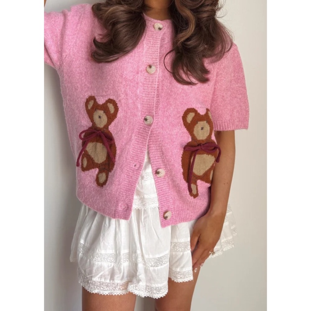 BIBI Pink Teddy Bear‎ Intarsia Short Sleeve Cardigan Sweater New